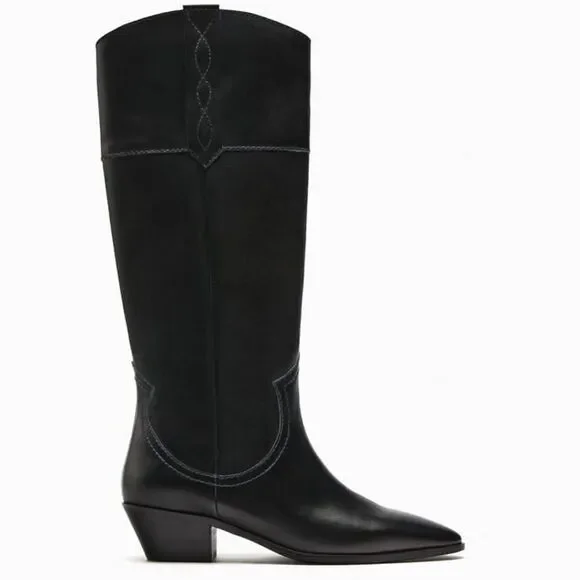 ZARA LEATHER COWBOY BOOTS NEW - Picture 4 of 11